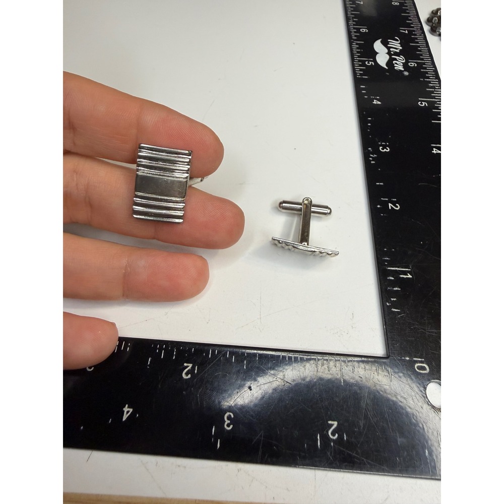 Silver Tone Ribbed Rectangular Cufflinks Bullet Back Formal Mens Jewelry
